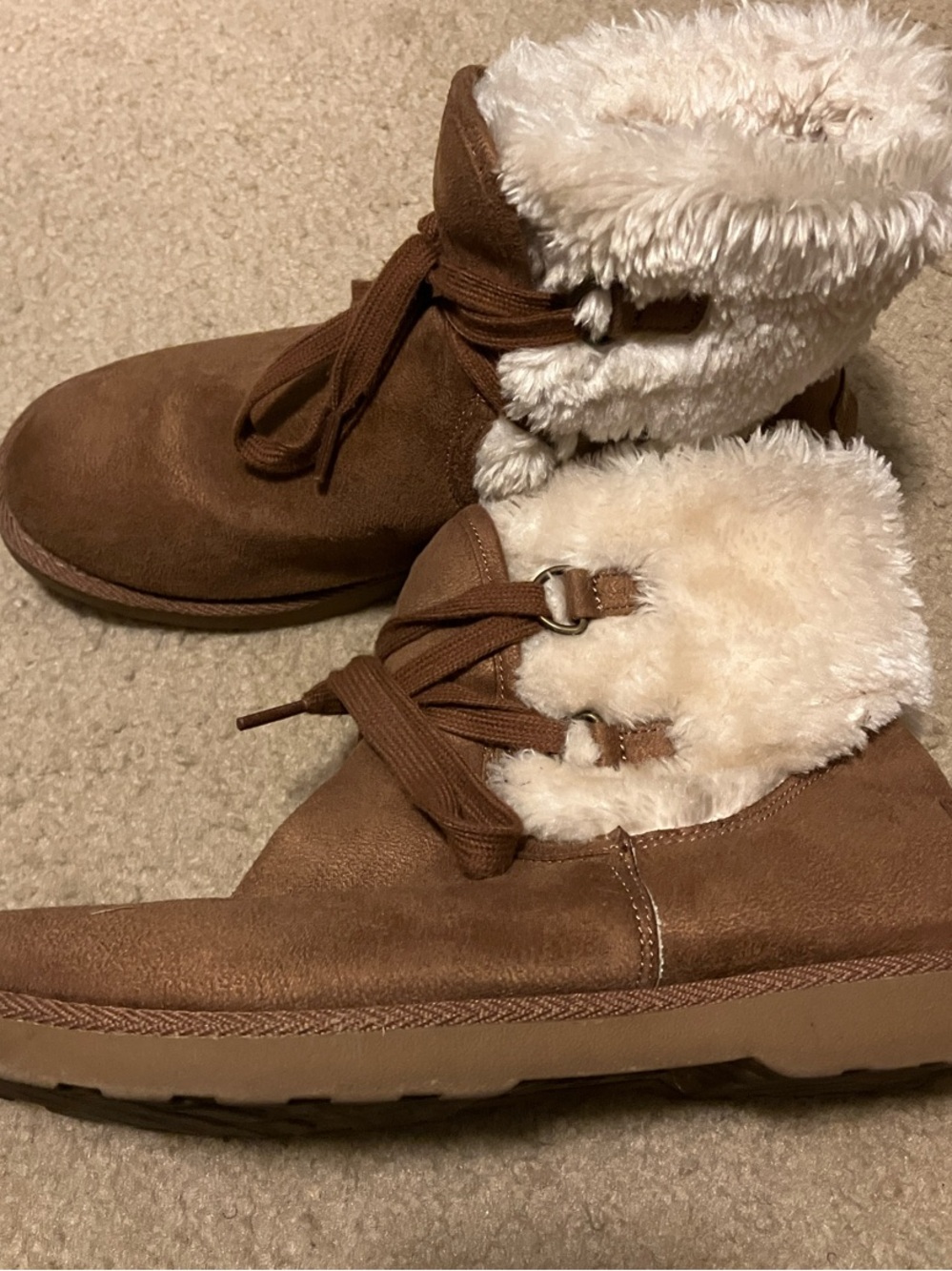 Women’s Brown Faux-Shearling Ankle Winter Boots with Lace Tie